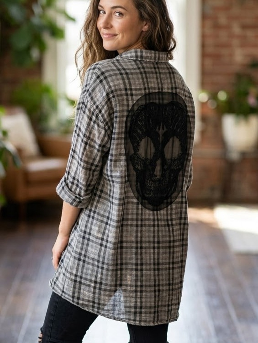 NWT The Nu Vintage Patchwork Flannel Oversized Grey & Black Plaid Size Large